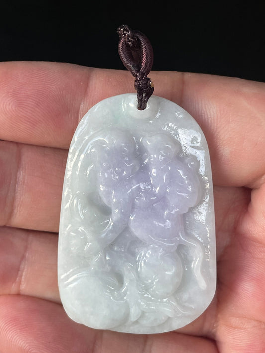 Natural Grade A Burmese Jadeite Jade Pendant – Icy Milky White & Lavender – Hand-Carved Two Monkeys Motif – Adjustable Necklace Included – JP021