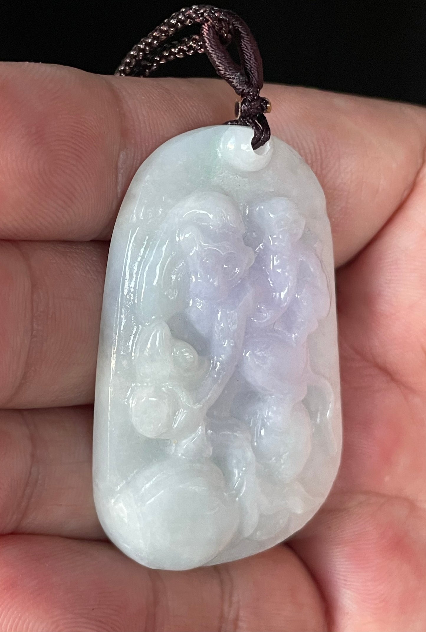 Natural Burmese Jadeite Jade Pendant – Icy Milky White & Lavender – Hand-Carved Two Monkeys Motif – Adjustable Necklace Included – JP021