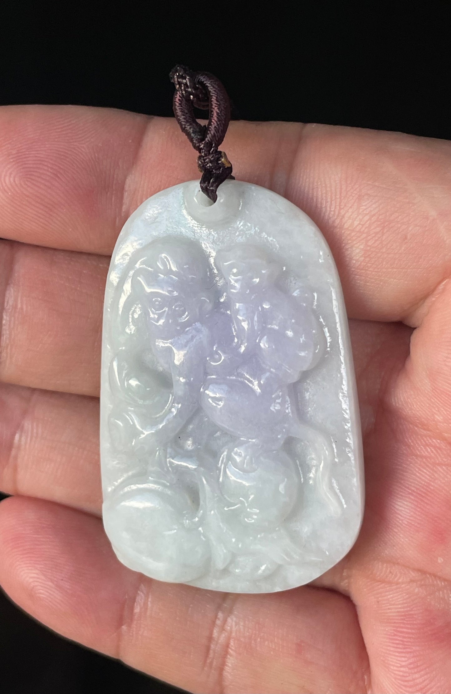 Natural Burmese Jadeite Jade Pendant – Icy Milky White & Lavender – Hand-Carved Two Monkeys Motif – Adjustable Necklace Included – JP021