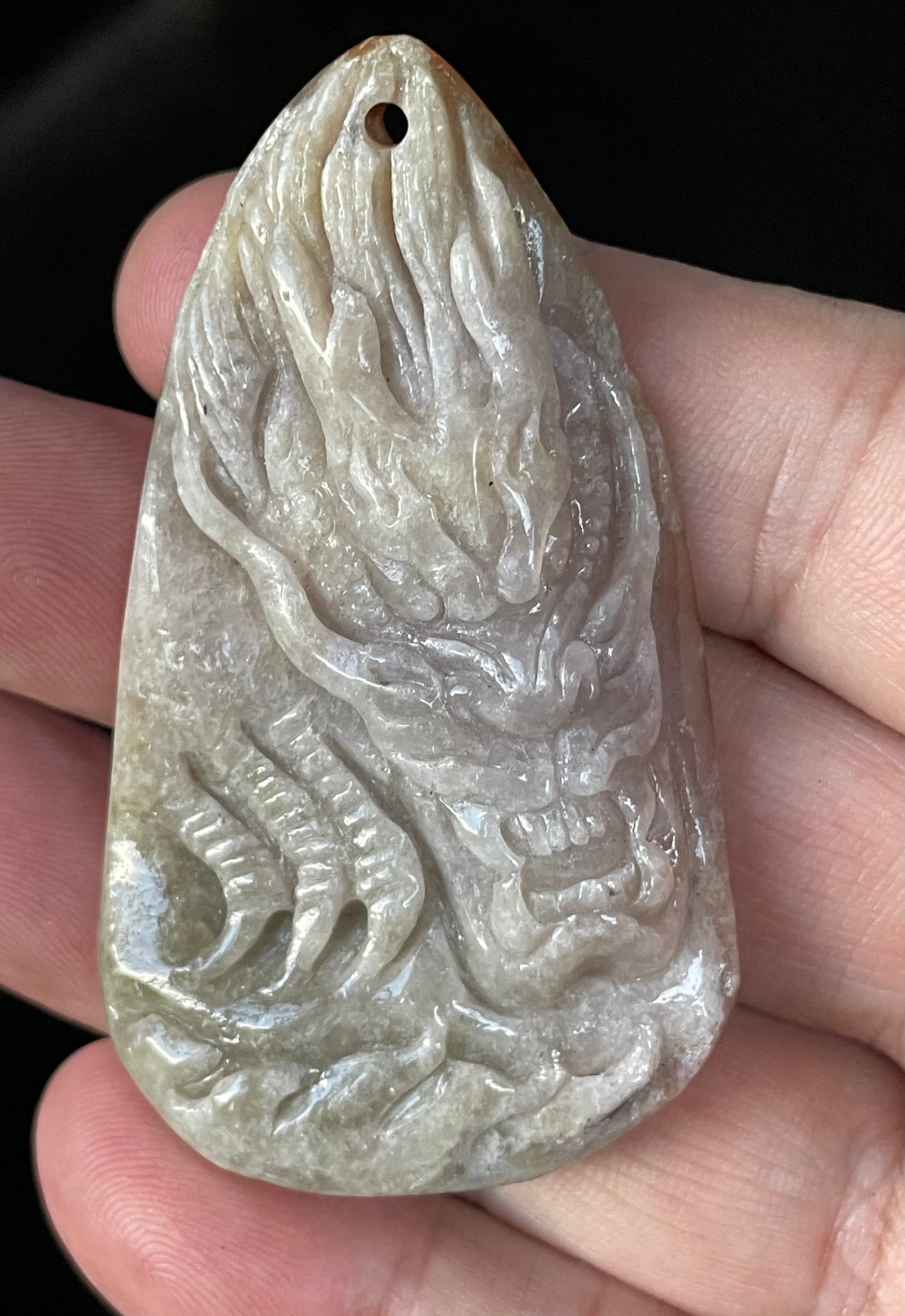 Natural Certified Burmese Jadeite Jade Pendant – Icy Light Greyish Brown – Hand-Carved Dragon & Fish Motif – JP070