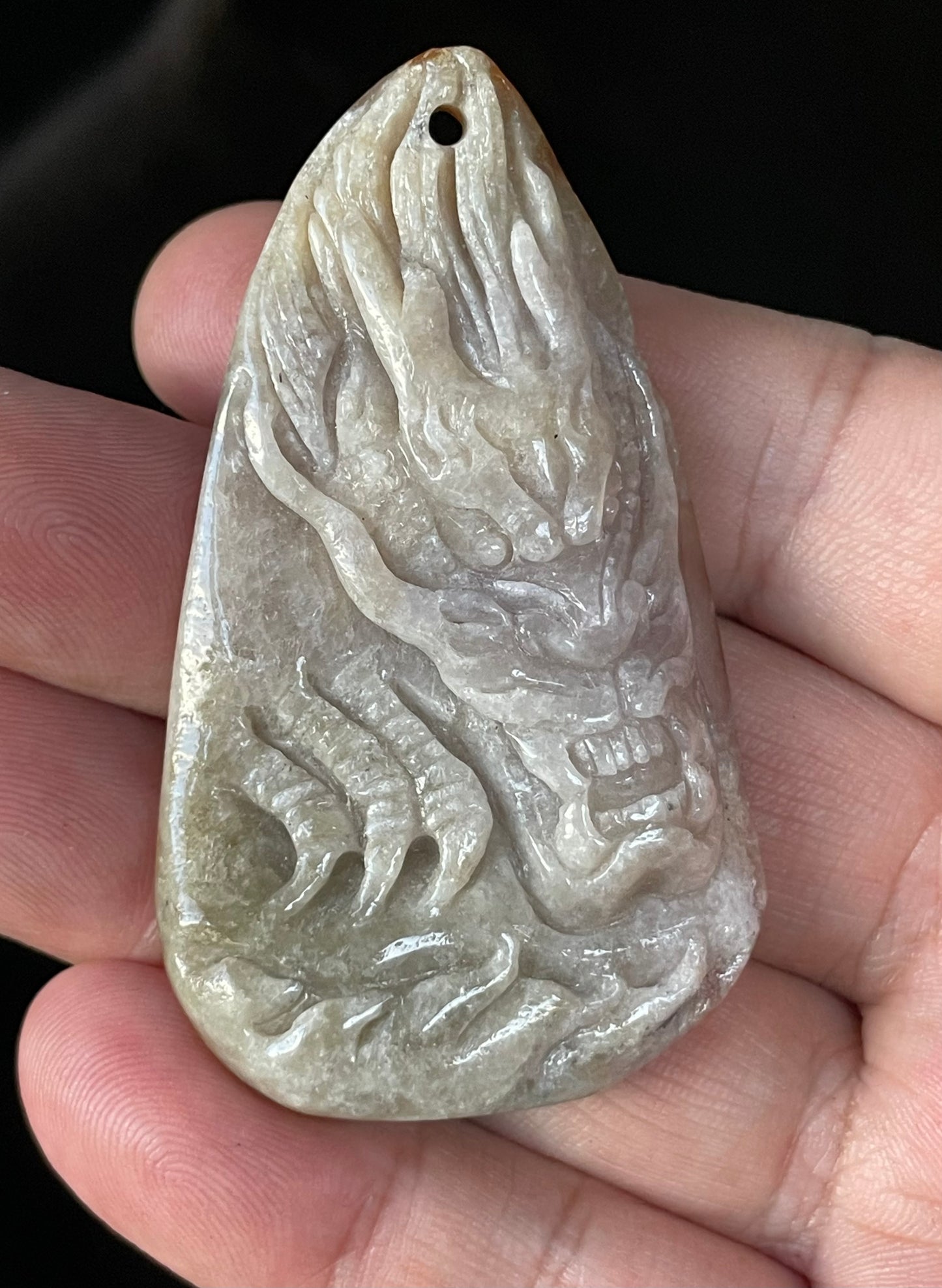 Natural Certified Burmese Jadeite Jade Pendant – Icy Light Greyish Brown – Hand-Carved Dragon & Fish Motif – JP070