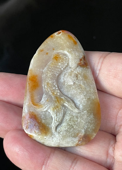 Natural Certified Burmese Jadeite Jade Pendant – Icy Light Greyish Brown – Hand-Carved Dragon & Fish Motif – JP070