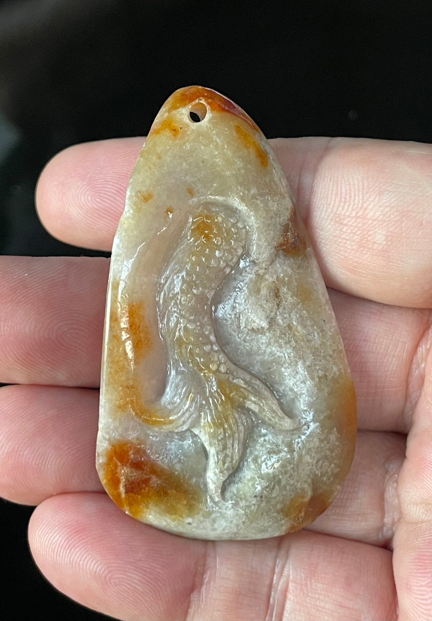 Natural Certified Burmese Jadeite Jade Pendant – Icy Light Greyish Brown – Hand-Carved Dragon & Fish Motif – JP070