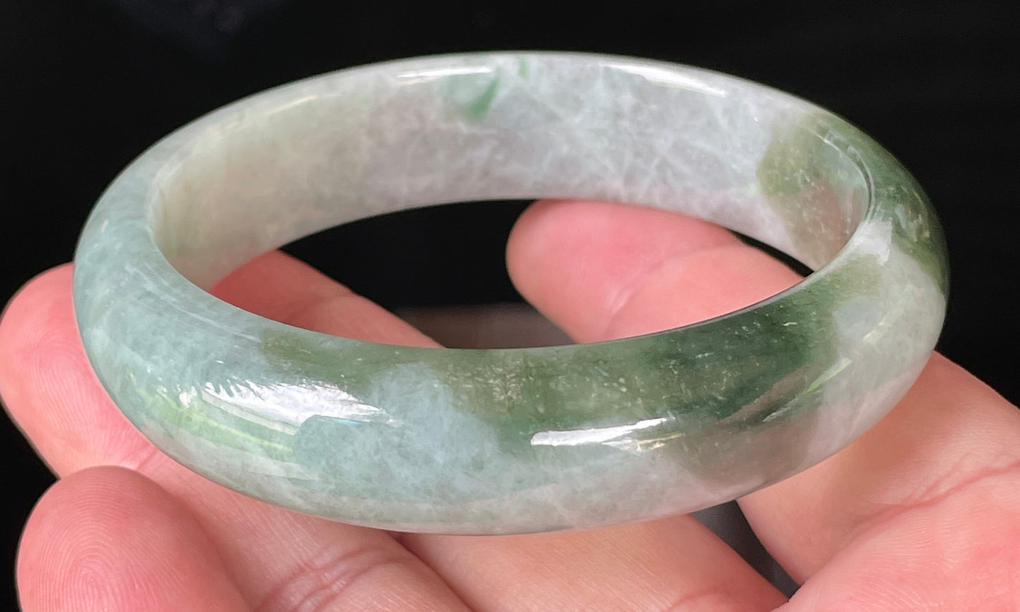 Natural Certified Burmese Jadeite Jade Bangle – Icy Greyish Milky White with Apple Green Hues – 58.5mm – JB039