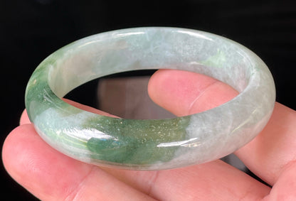 Natural Certified Burmese Jadeite Jade Bangle – Icy Greyish Milky White with Apple Green Hues – 58.5mm – JB039