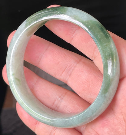 Natural Certified Burmese Jadeite Jade Bangle – Icy Greyish Milky White with Apple Green Hues – 58.5mm – JB039