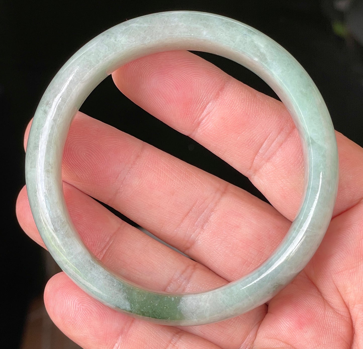 Natural Certified Burmese Jadeite Jade Bangle – Icy Greyish Milky White with Apple Green Hues – 58.5mm – JB039