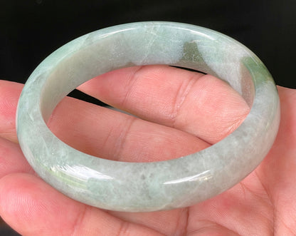 Natural Certified Burmese Jadeite Jade Bangle – Icy Greyish Milky White with Apple Green Hues – 58.5mm – JB039