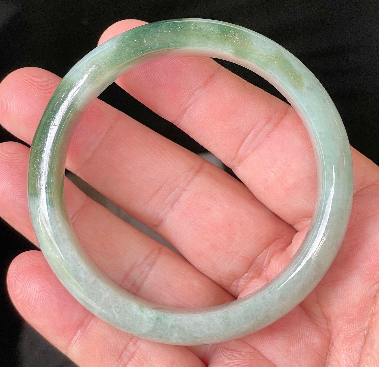 Natural Certified Burmese Jadeite Jade Bangle – Icy Greyish Milky White with Apple Green Hues – 58.5mm – JB039