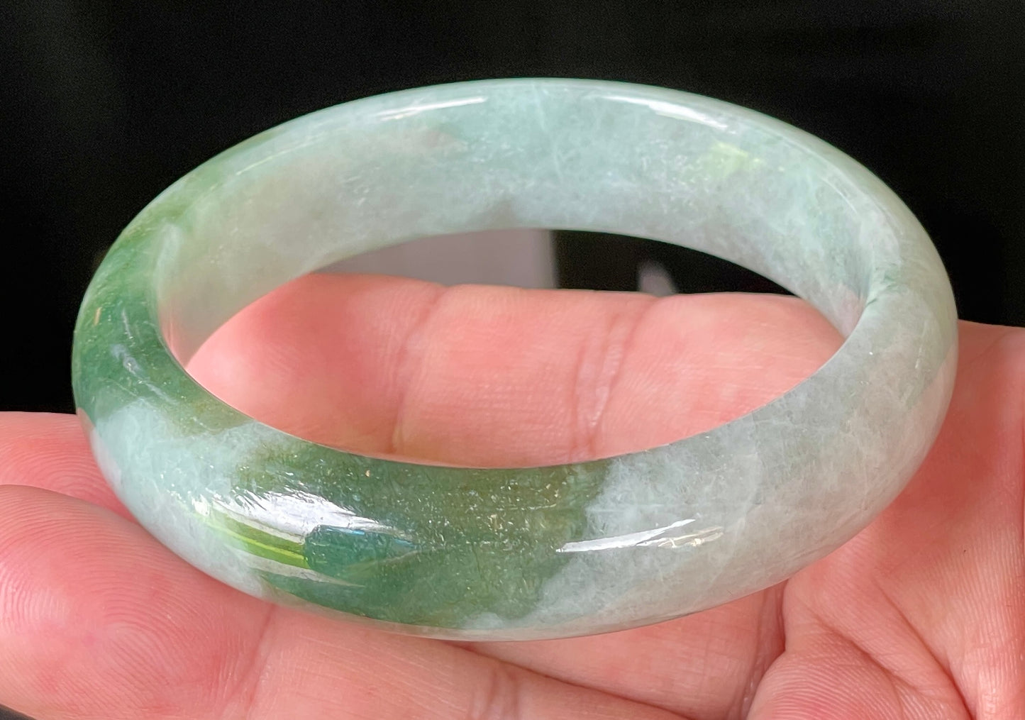 Natural Certified Burmese Jadeite Jade Bangle – Icy Greyish Milky White with Apple Green Hues – 58.5mm – JB039