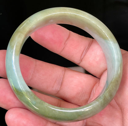 Natural Certified Burmese Jadeite Jade Bangle – Apple & Moss Green with Bluish Milky White Hues – 57.5mm – JB032