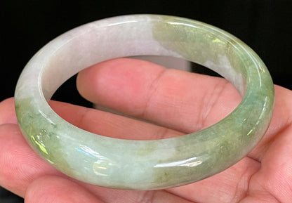 Natural Certified Burmese Jadeite Jade Bangle – Icy Apple & Moss Green with Greyish Milky White Hues – 55mm – JB056