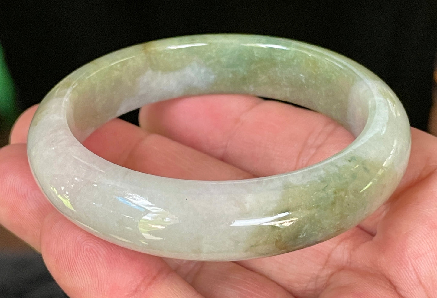 Natural Certified Burmese Jadeite Jade Bangle – Icy Apple & Moss Green with Greyish Milky White Hues – 55mm – JB056