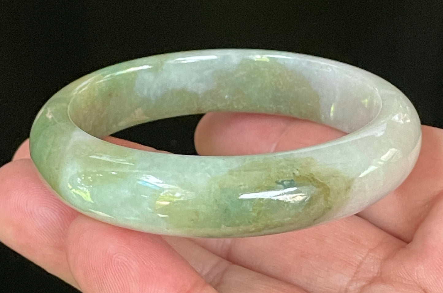 Natural Certified Burmese Jadeite Jade Bangle – Icy Apple & Moss Green with Greyish Milky White Hues – 55mm – JB056