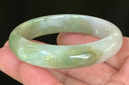 Natural Certified Burmese Jadeite Jade Bangle – Icy Apple & Moss Green with Greyish Milky White Hues – 55mm – JB056