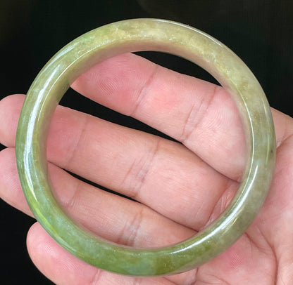 Natural Certified Burmese Jadeite Jade Bangle – Icy Apple & Forest Green with Milky Honey White Hues – 58mm – JB040