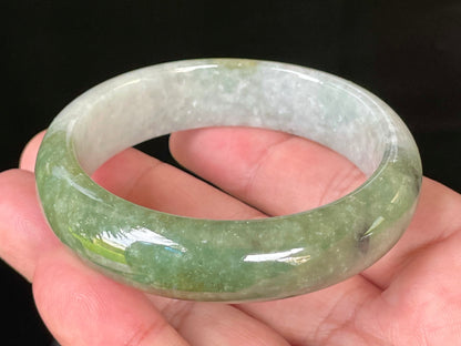 Natural Certified Burmese Jadeite Jade Bangle – Icy Apple & Jadeite Green with Greyish Milky White & Black Hues – 54.8mm – JB050
