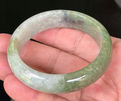 Natural Certified Burmese Jadeite Jade Bangle – Icy Apple & Jadeite Green with Greyish Milky White & Black Hues – 54.8mm – JB050