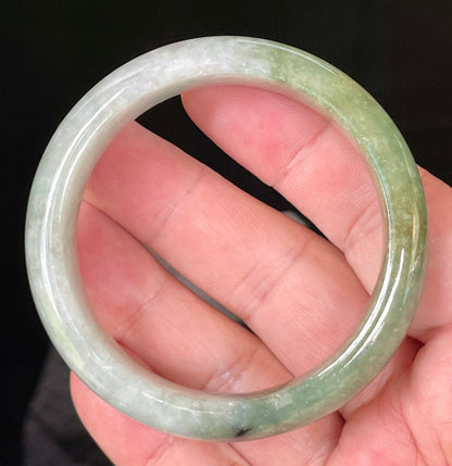 Natural Certified Burmese Jadeite Jade Bangle – Icy Apple & Jadeite Green with Greyish Milky White & Black Hues – 54.8mm – JB050
