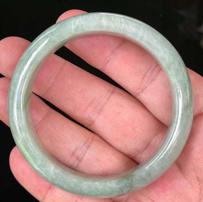 Natural Certified Burmese Jadeite Jade Bangle – Icy Light Bluish Apple Green with Greyish Milky White Hues – 55.5mm – JB034