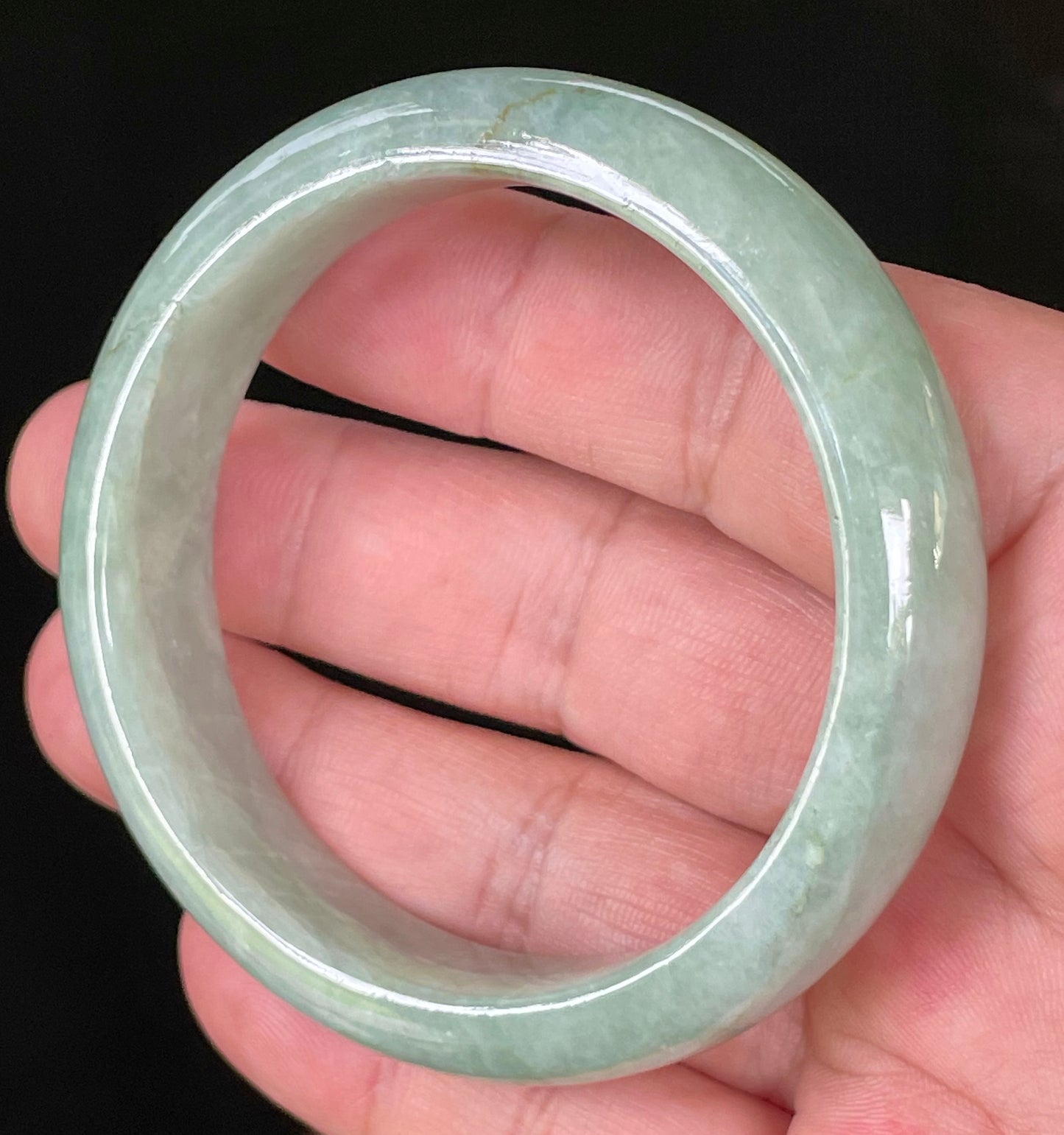 Natural Certified Burmese Jadeite Jade Bangle – Icy Light Bluish Apple Green with Greyish Milky White Hues – 55.5mm – JB034