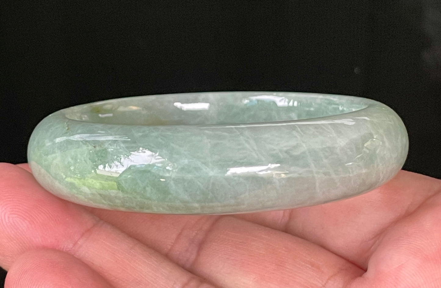 Natural Certified Burmese Jadeite Jade Bangle – Icy Light Bluish Apple Green with Greyish Milky White Hues – 55.5mm – JB034