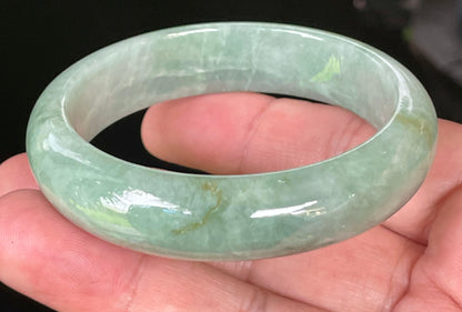Natural Certified Burmese Jadeite Jade Bangle – Icy Light Bluish Apple Green with Greyish Milky White Hues – 55.5mm – JB034