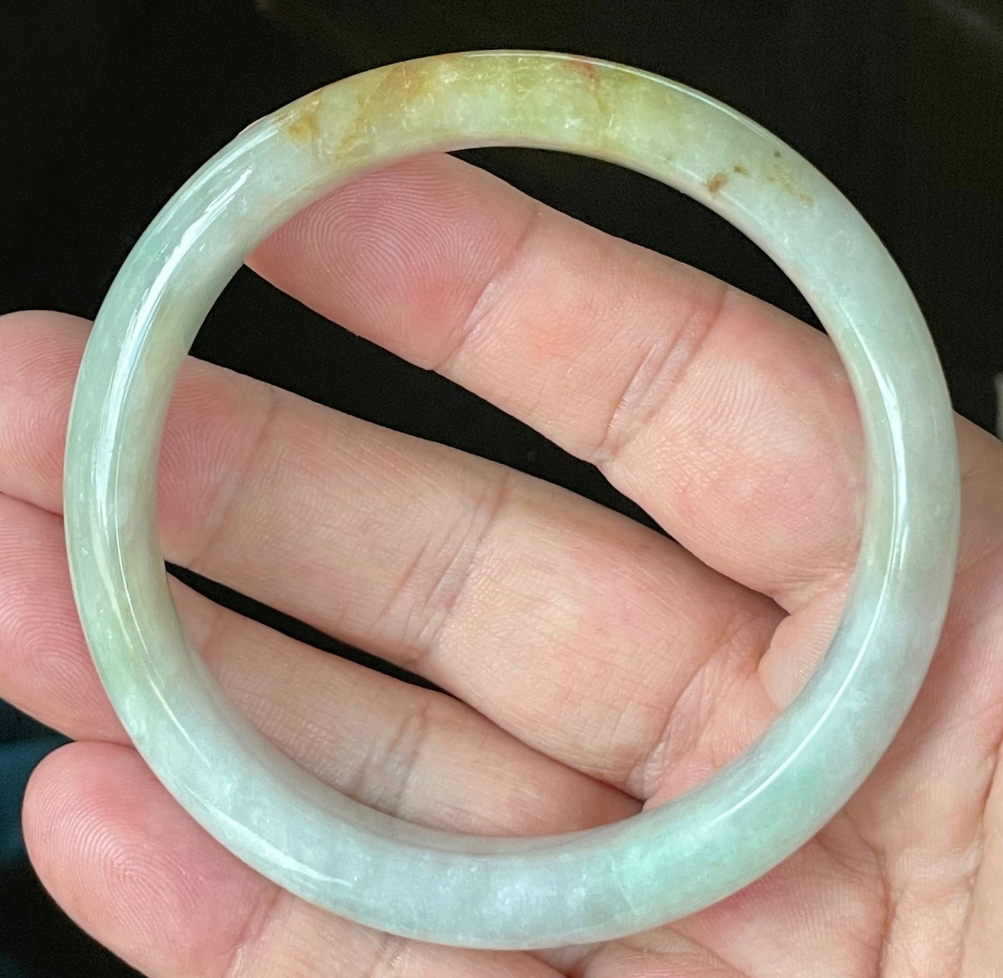 Natural Certified Burmese Jadeite Jade Bangle – Icy Bluish Milky White with Honey Orange & Apple Green – 61.5mm – JB101