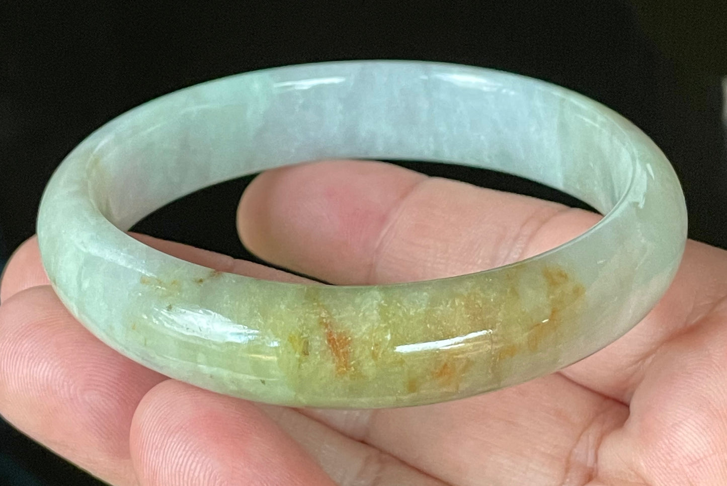 Natural Certified Burmese Jadeite Jade Bangle – Icy Bluish Milky White with Honey Orange & Apple Green – 61.5mm – JB101