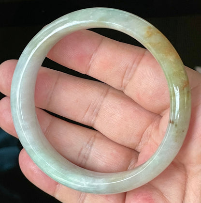 Natural Certified Burmese Jadeite Jade Bangle – Icy Bluish Milky White with Honey Orange & Apple Green – 61.5mm – JB101