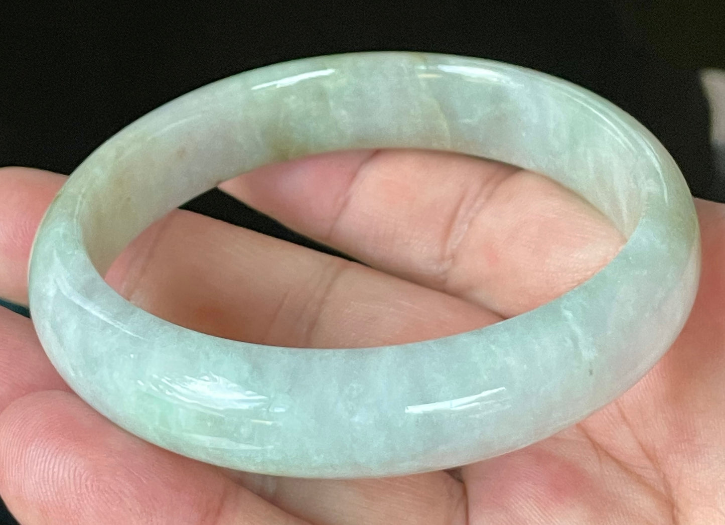 Natural Certified Burmese Jadeite Jade Bangle – Icy Bluish Milky White with Honey Orange & Apple Green – 61.5mm – JB101