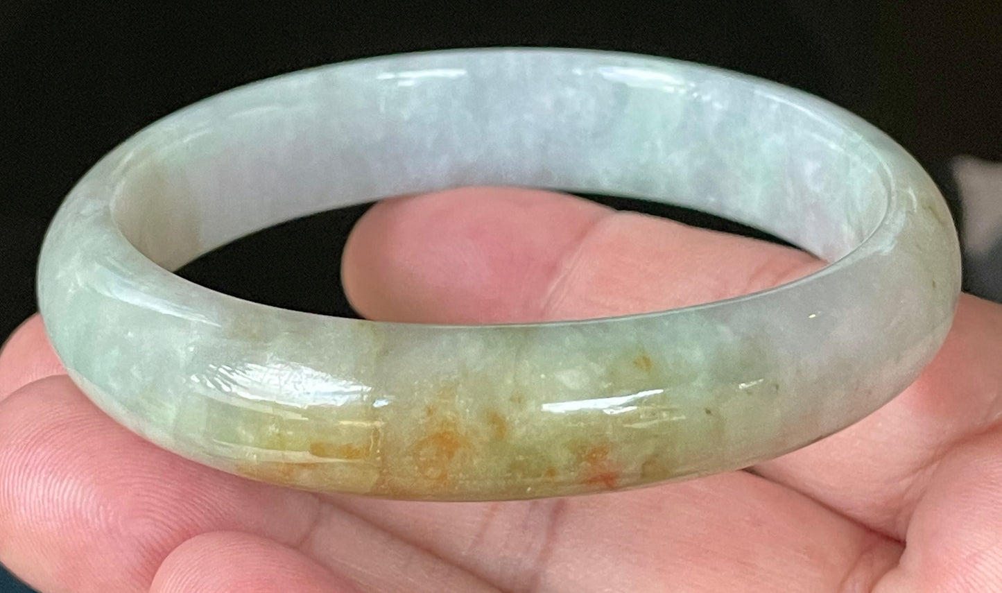 Natural Certified Burmese Jadeite Jade Bangle – Icy Bluish Milky White with Honey Orange & Apple Green – 61.5mm – JB101