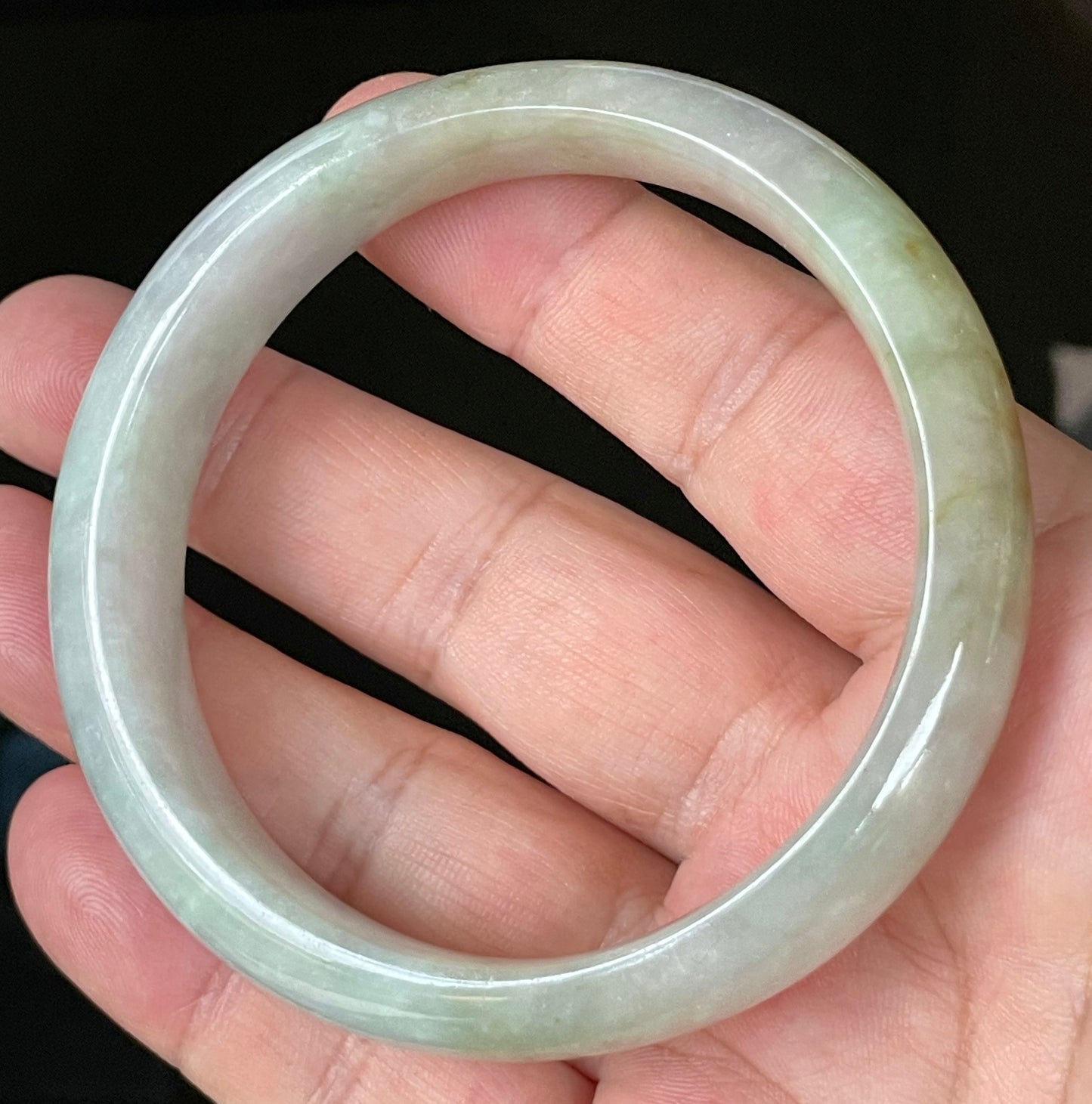 Natural Certified Burmese Jadeite Jade Bangle – Icy Bluish Milky White with Honey Orange & Apple Green – 61.5mm – JB101