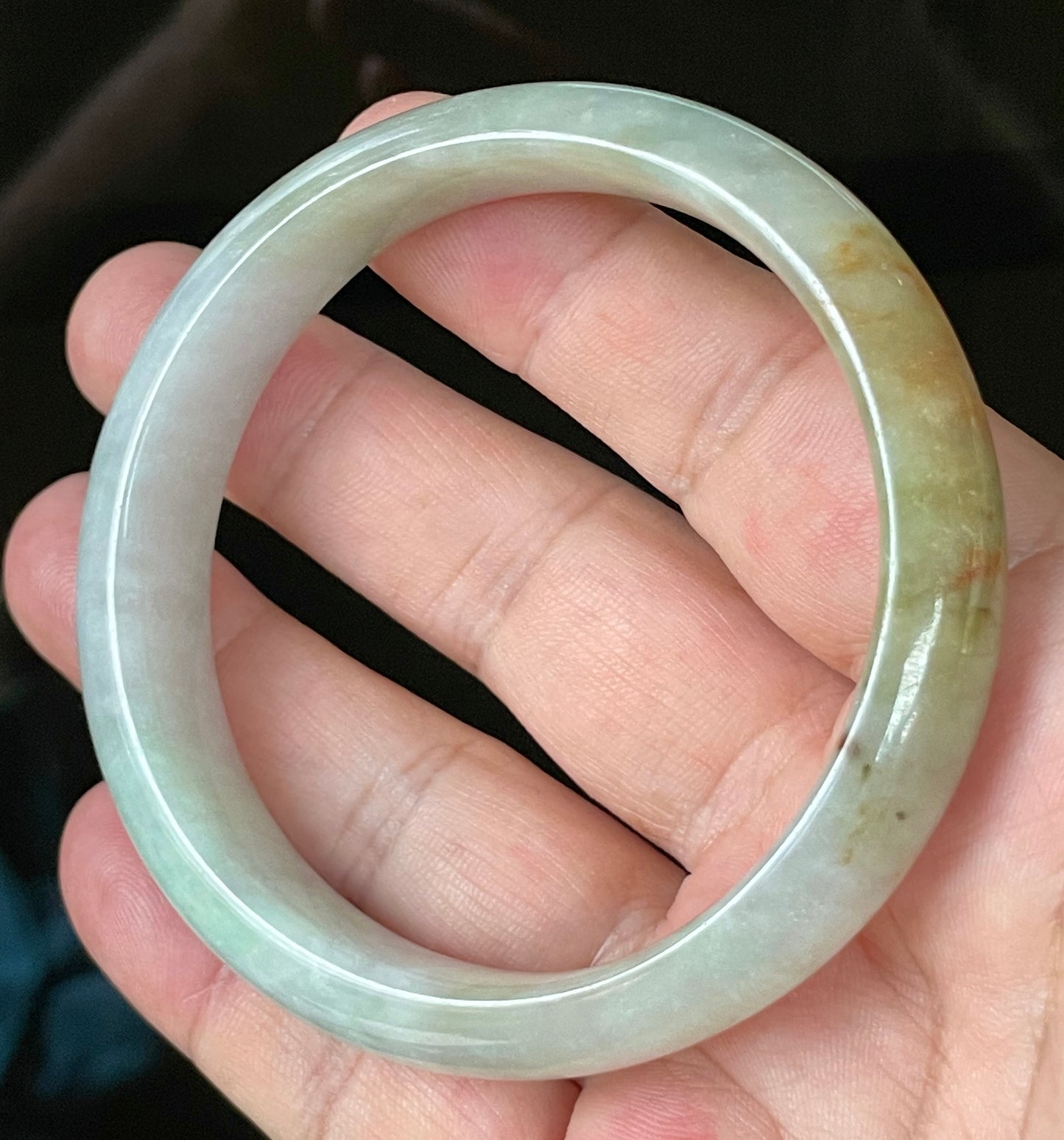 Natural Certified Burmese Jadeite Jade Bangle – Icy Bluish Milky White with Honey Orange & Apple Green – 61.5mm – JB101
