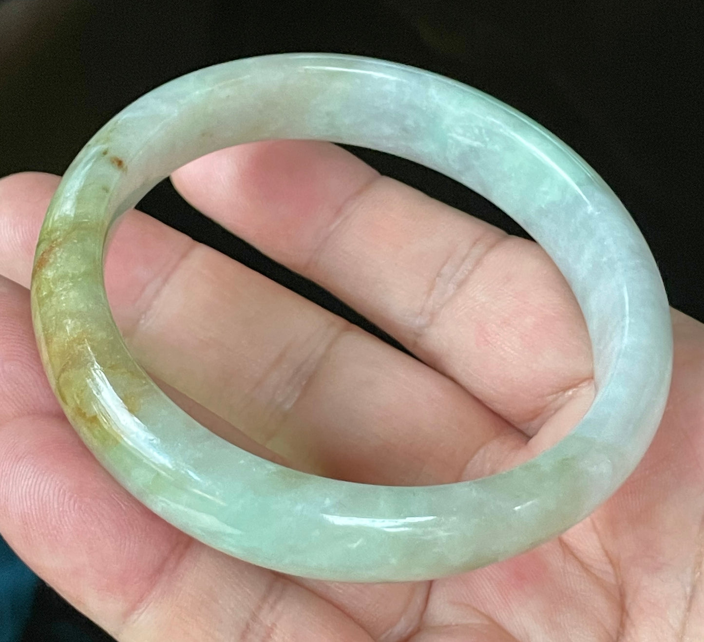 Natural Certified Burmese Jadeite Jade Bangle – Icy Bluish Milky White with Honey Orange & Apple Green – 61.5mm – JB101