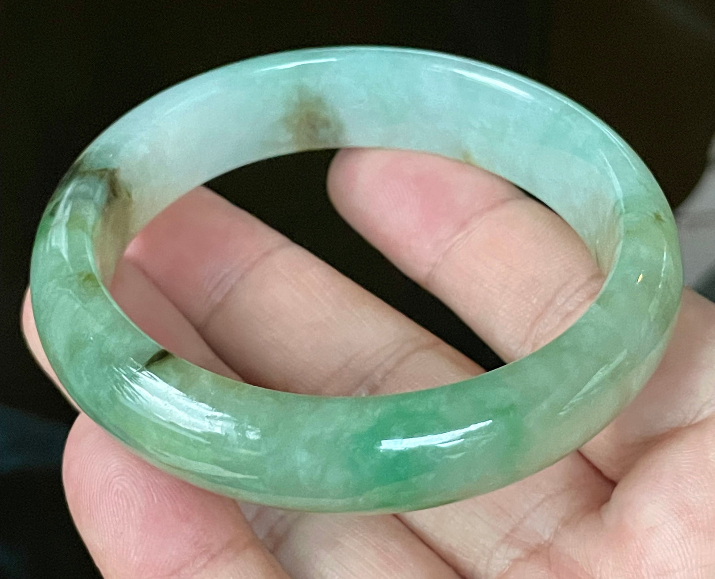 Natural Certified Burmese Jadeite Jade Bangle – Icy Light Bluish Milky White with Imperial & Apple Green with Honey Hues – 58.6mm – JB120