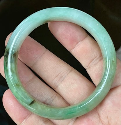 Natural Certified Burmese Jadeite Jade Bangle – Icy Light Bluish Milky White with Imperial & Apple Green with Honey Hues – 58.6mm – JB120
