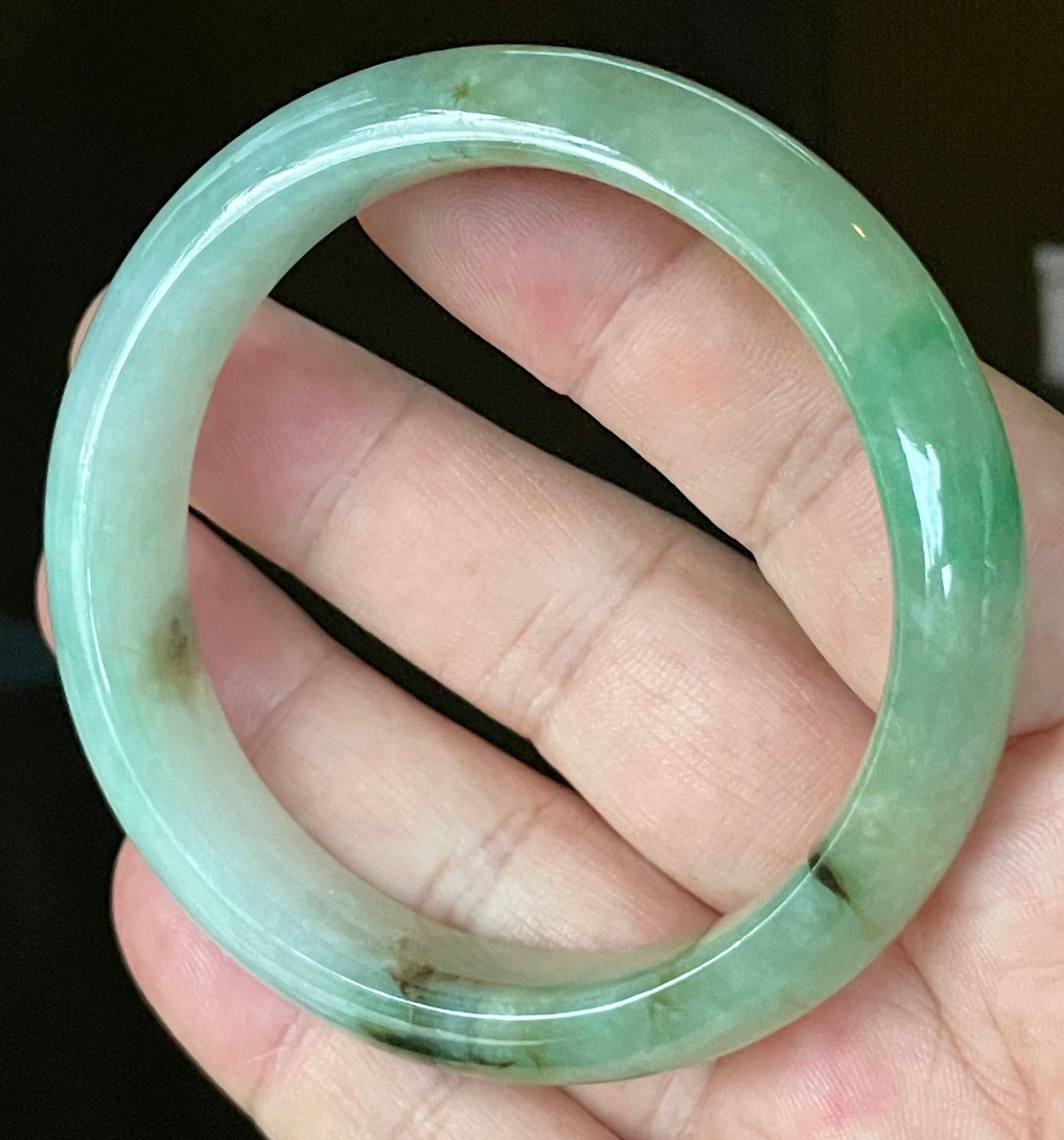 Natural Certified Burmese Jadeite Jade Bangle – Icy Light Bluish Milky White with Imperial & Apple Green with Honey Hues – 58.6mm – JB120