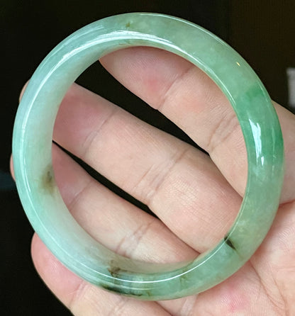 Natural Certified Burmese Jadeite Jade Bangle – Icy Light Bluish Milky White with Imperial & Apple Green with Honey Hues – 58.6mm – JB120