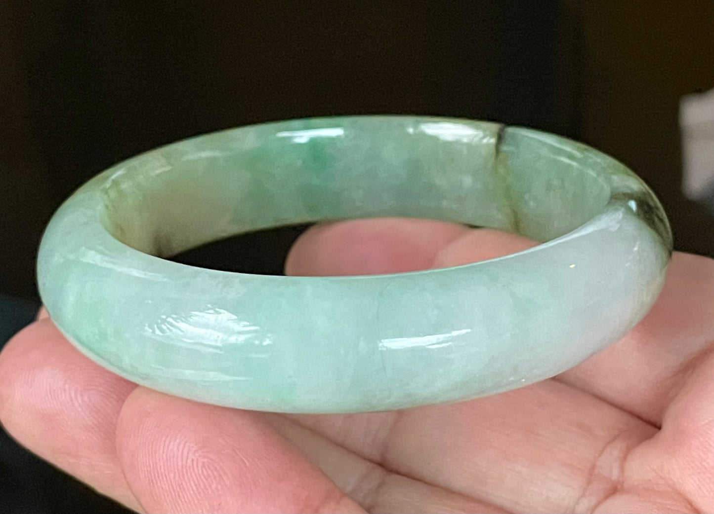 Natural Certified Burmese Jadeite Jade Bangle – Icy Light Bluish Milky White with Imperial & Apple Green with Honey Hues – 58.6mm – JB120