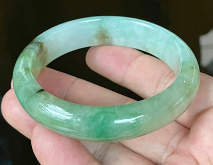 Natural Certified Burmese Jadeite Jade Bangle – Icy Light Bluish Milky White with Imperial & Apple Green with Honey Hues – 58.6mm – JB120