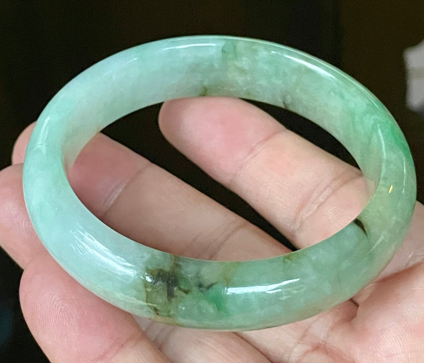 Natural Certified Burmese Jadeite Jade Bangle – Icy Light Bluish Milky White with Imperial & Apple Green with Honey Hues – 58.6mm – JB120