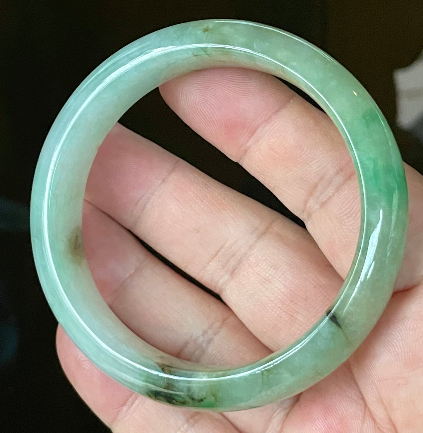 Natural Certified Burmese Jadeite Jade Bangle – Icy Light Bluish Milky White with Imperial & Apple Green with Honey Hues – 58.6mm – JB120
