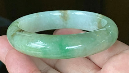 Natural Certified Burmese Jadeite Jade Bangle – Icy Light Bluish Milky White with Imperial & Apple Green with Honey Hues – 58.6mm – JB120