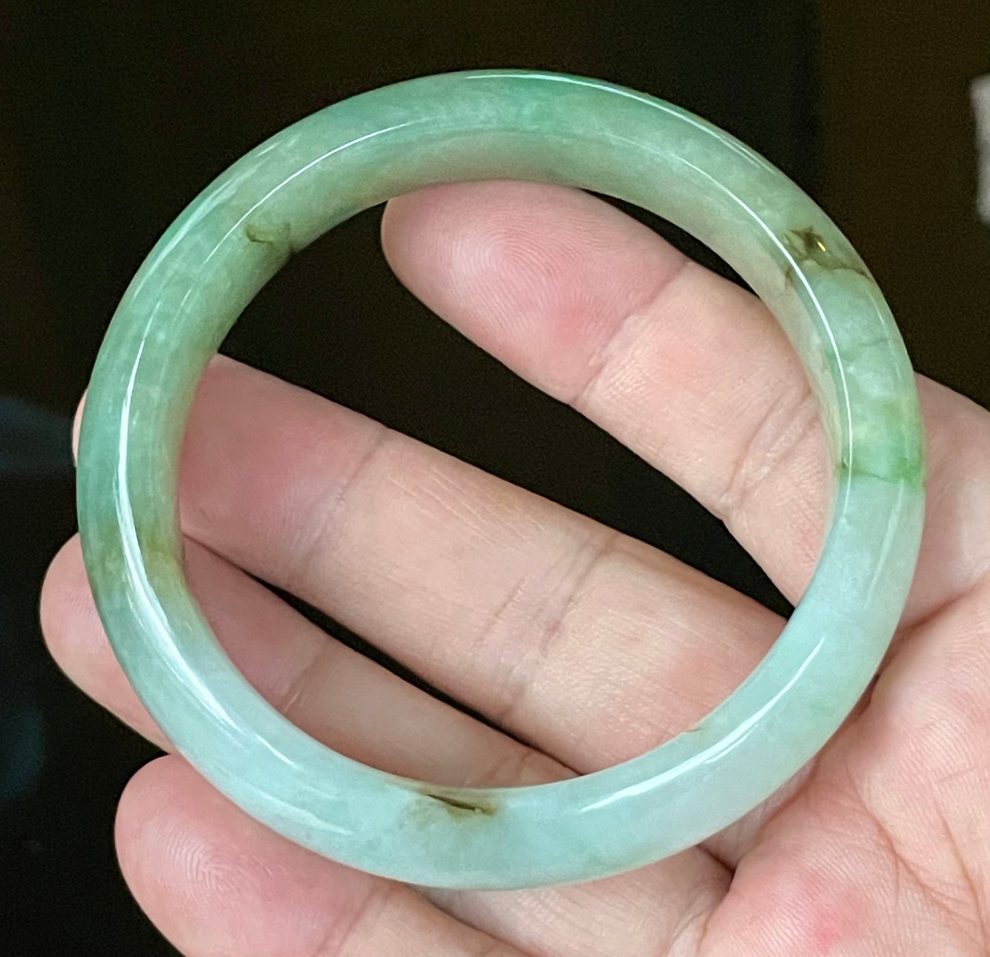 Natural Certified Burmese Jadeite Jade Bangle – Icy Light Bluish Milky White with Imperial & Apple Green with Honey Hues – 58.6mm – JB120