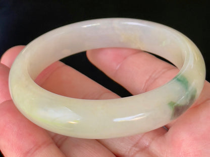 Natural Certified Burmese Jadeite Jade Bangle – Icy Yellow & Milky White with Imperial Green Hue – 56.1mm – JB109