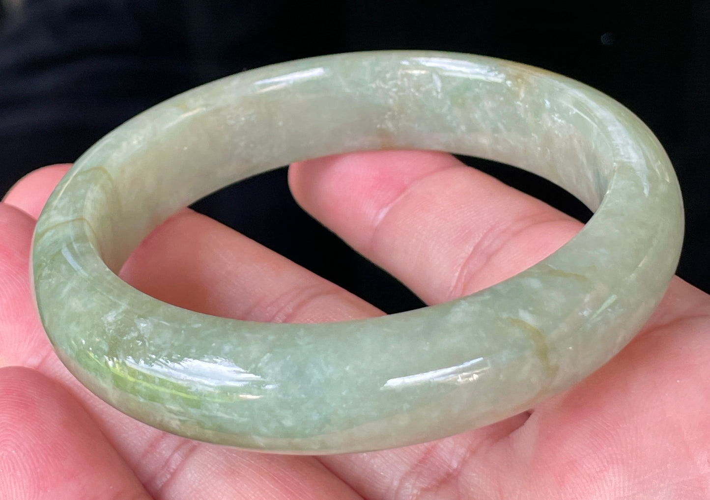 Natural Certified Burmese Jadeite Jade Bangle – Icy Apple Green with White & Honey Hues – 58.5mm – JB212