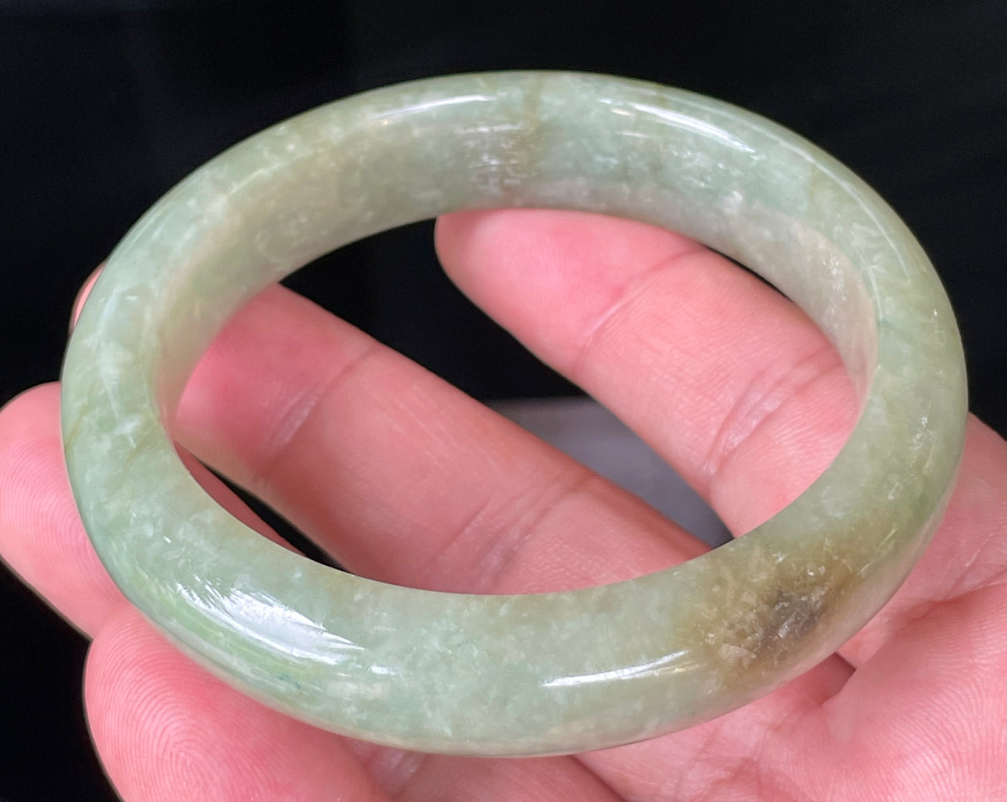 Natural Certified Burmese Jadeite Jade Bangle – Icy Apple Green with White & Honey Hues – 58.5mm – JB212
