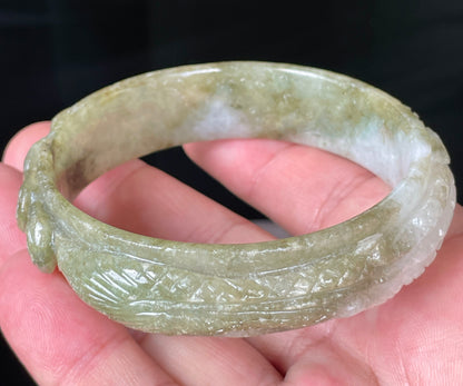 Natural Certified Burmese Jadeite Jade Bangle – Icy Apple & Forest Green with Milky White Hues – Hand-Carved Dragon Motif – 58.9mm – JB208