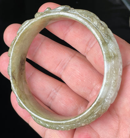 Natural Certified Burmese Jadeite Jade Bangle – Icy Apple & Forest Green with Milky White Hues – Hand-Carved Dragon Motif – 58.9mm – JB208